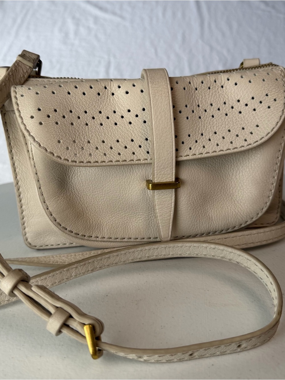 Fossil Cream Leather Small Crossbody Perforated Flap